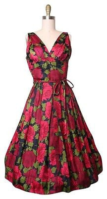 Vintage 1950's Floral Red Roses Silk Dress Sz S