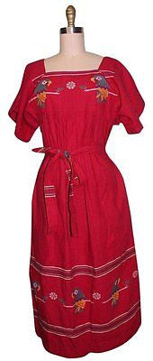 Village Imports Pink Vintage Guatemalan Handwoven Bird Maxi Dress Sz M