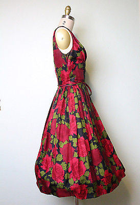 Vintage 1950's Floral Red Roses Silk Dress Sz S