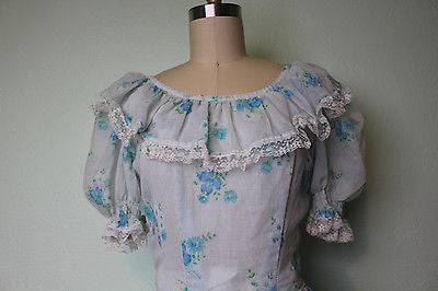 Vintage Blue And White Floral Country Peasant Dress Sz XS