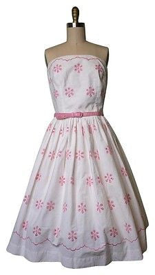 Vintage 1950's White Pink Strapless Eyelet Dress Sz 6