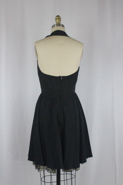 1980's Vintage Halter Black Dress With Gold Lace Tulle Trim Size Small
