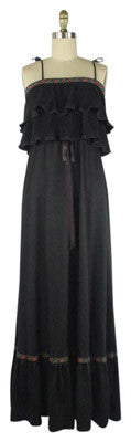Vintage 1970's Black Tiered Maxi Dress With Ruffle Trim And Embroidery Size S